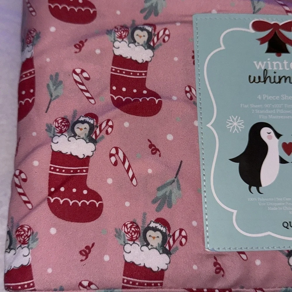 Winter Whimsy Penguin and Red Christmas Stockings Holiday Queen Sheet Set